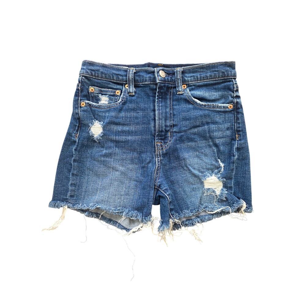 Gap 4" High Rise Denim Shorts Blue Medium Wash Distressed Raw Hem Size 25 / 0
